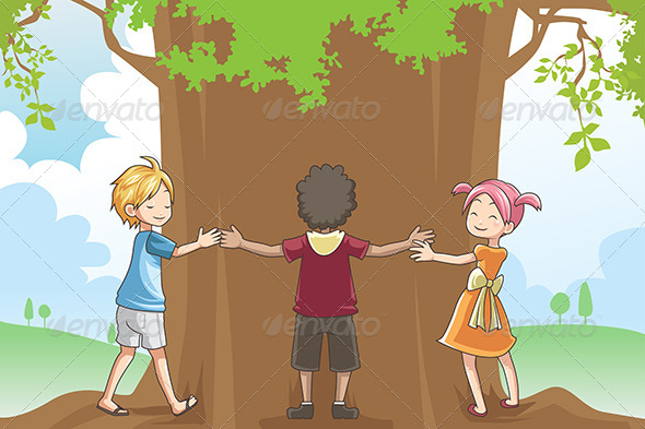 Kids Hugging Tree - People Characters