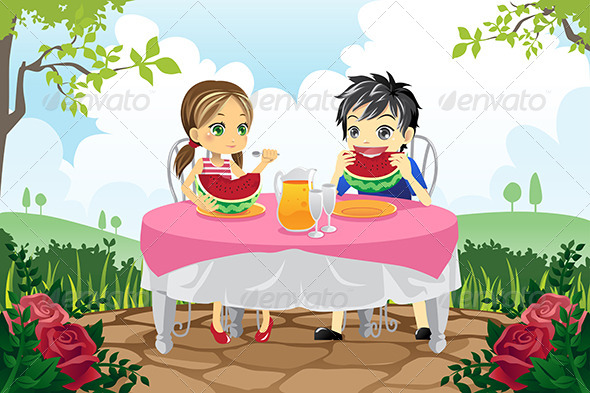 Kids Eating Watermelon in a Park - People Characters