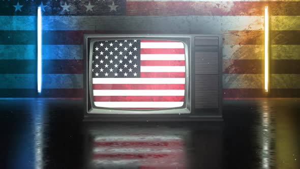 3d neon room. Flag of America in television