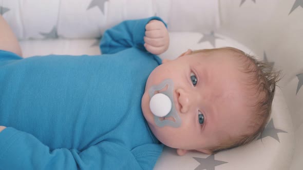 Lovely Little Boy Sucks Dummy Resting in Soft Cocoon in Crib alt