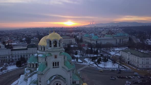 Sunrise in Sofia, Bulgaria, Alexander Nevsky, view from Drone alt
