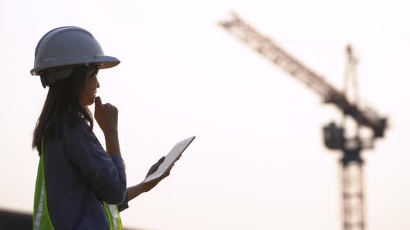 Female civil Engineering working with tablet on construction site