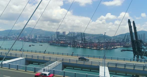View of Hong Kong Kwai Tsing Container Terminal through Stonecutter Bridge.