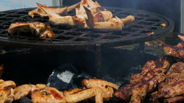 Wings Are Cooked on a Large Barbecue