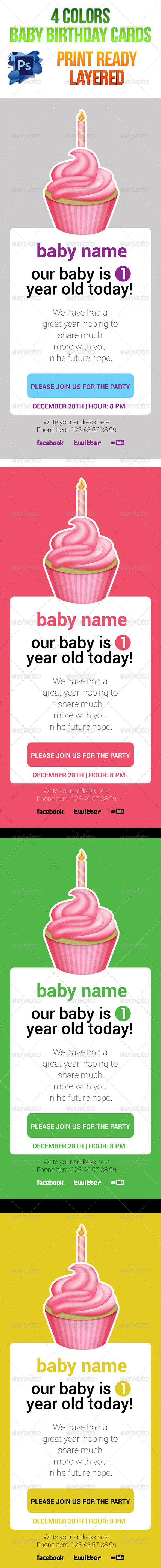 Baby Birthday Cards 4 Colors PSD - Cards & Invites Print Templates