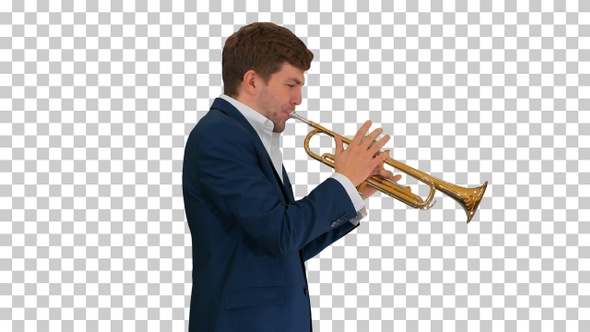 Young man in suit playing a trumpet while walking, Alpha Channel alt