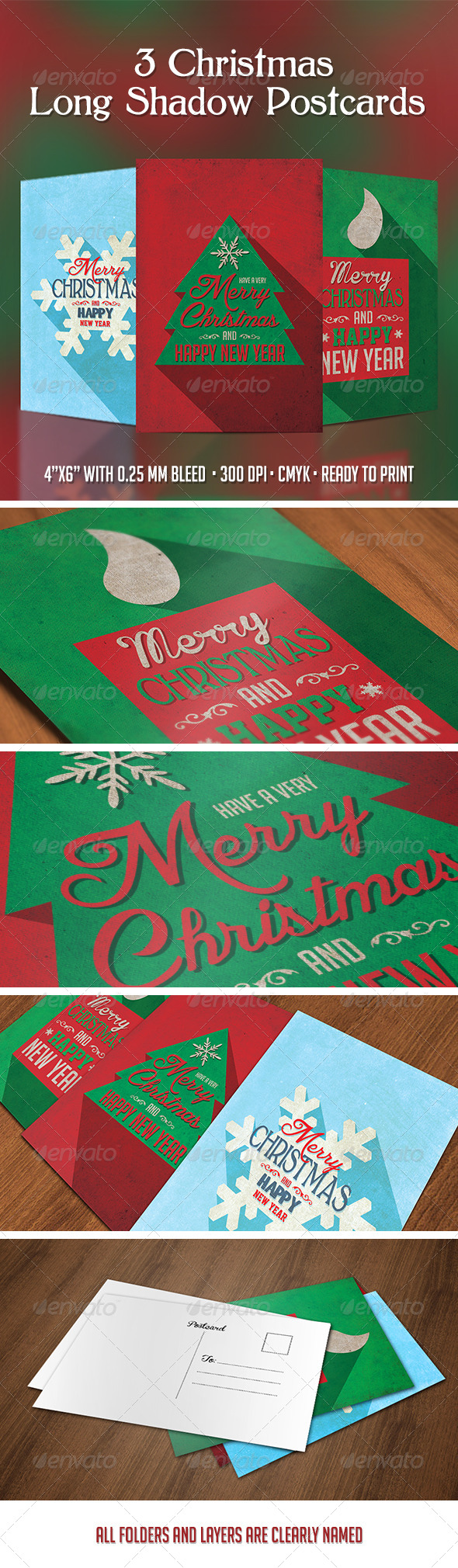 3 Christmas Long Shadow Postcards - Cards & Invites Print Templates