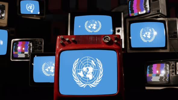 Flag of the United Nations on Retro TVs. 4K.