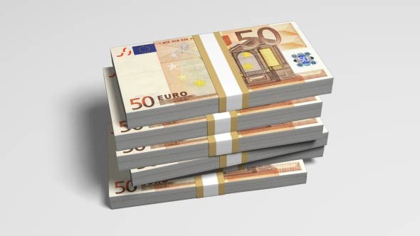 50 Euro Bills Falling On A Stack (FullHD+Alpha)