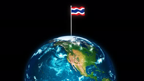 3d Rotated Planet Earth On Flying Thailand Flag Animation alt