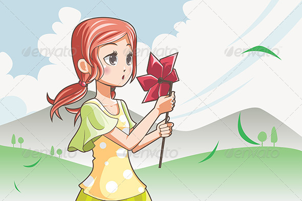 Girl Blowing Pinwheel - People Characters