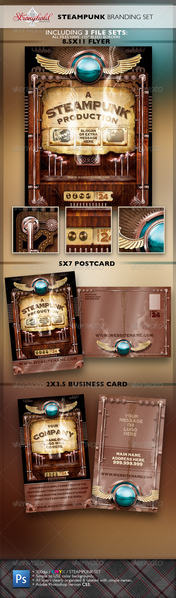 Vintage Steampunk Brand Flyer Set - Stationery Print Templates