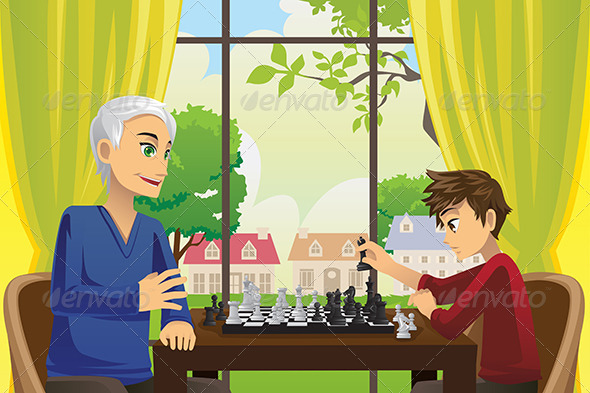 Grandfather and Grandson Playing Chess - People Characters