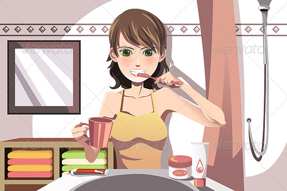 Woman Brushing Teeth - People Characters