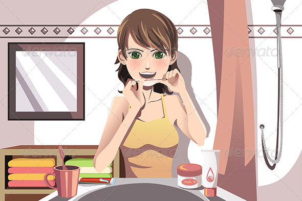 Woman Flossing Her Teeth - People Characters