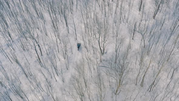 Aerial View Snowmobiler On Snow Covered Winter Forest 02