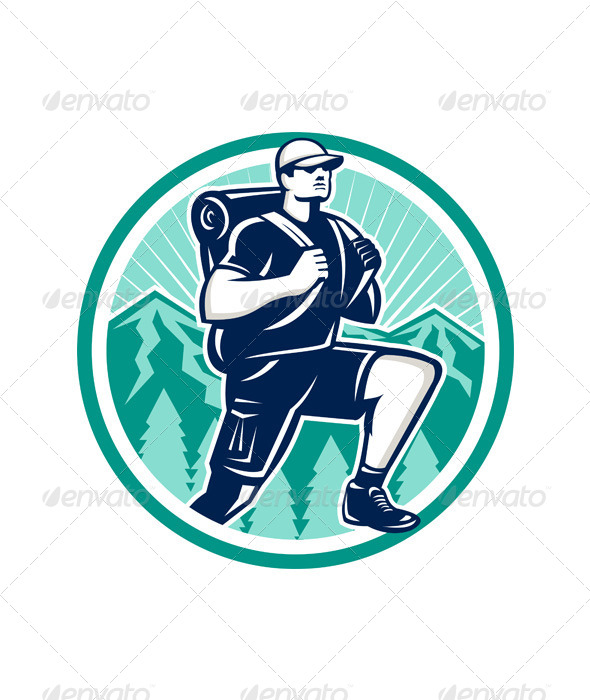 Hiker Hiking Mountain Retro - Sports/Activity Conceptual