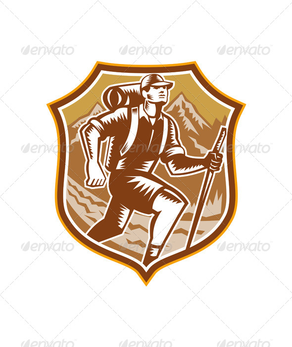 Hiker Hiking Mountain Shield Woodcut Retro - Sports/Activity Conceptual