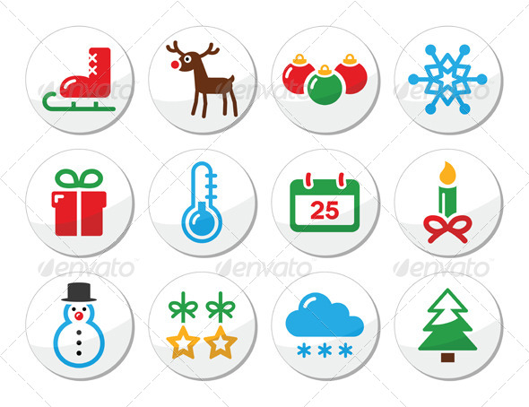 Christmas Winter Colorful Icons Set as Round Label - Christmas Seasons/Holidays