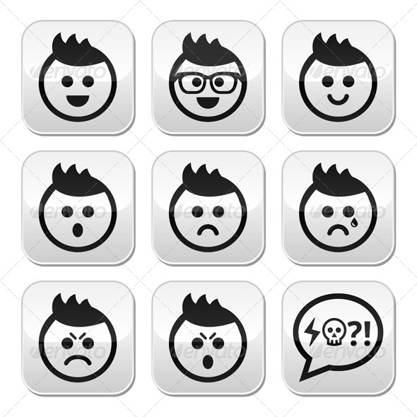 Man or Boy with Spiky Hair Faces Buttons Set - People Characters