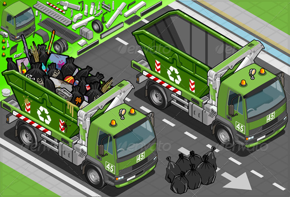 Isometric Garbage Truck with Container in Front - Objects Vectors