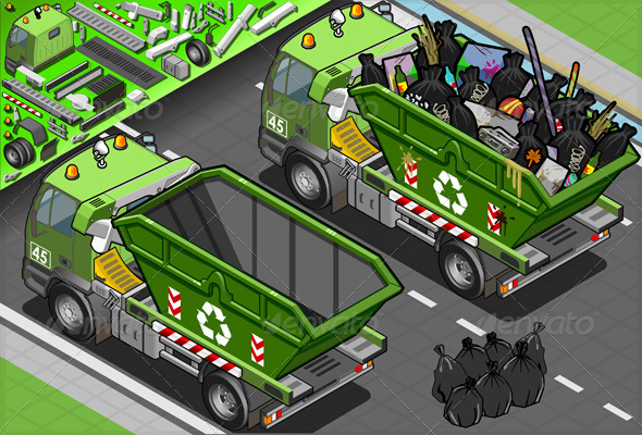 Isometric Garbage Truck with Container in Rear - Objects Vectors