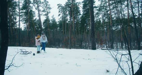 Young Woman and Daughter Walk in Forest with Sled in Hands