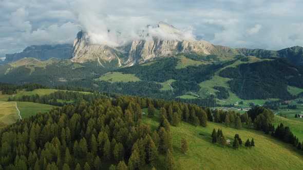 Alpe Di Suisi Dolomites Italy Aerial Drone View of Alpine Meadow at Idyllic Seiser Alm Valley with alt