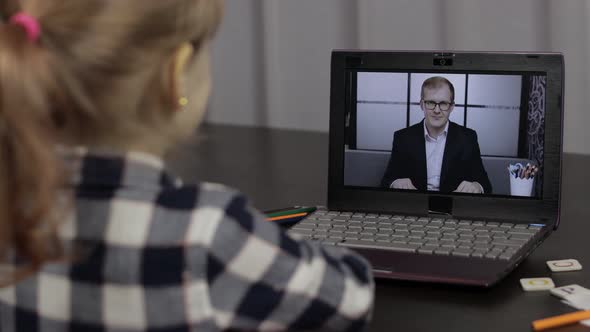 Children Pupil Distance Education on Laptop. Online Lesson at Home with Teacher alt