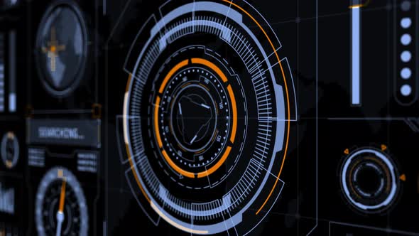 Head up display technology interface screen with futuristic 3D elements graph and chat panel alt