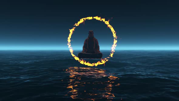 A yogi with a fiery aura sits in meditation over the endless ocean of life.