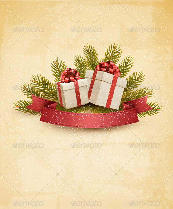 Holiday Background with Ribbon and Red Gift Boxes - Christmas Seasons/Holidays