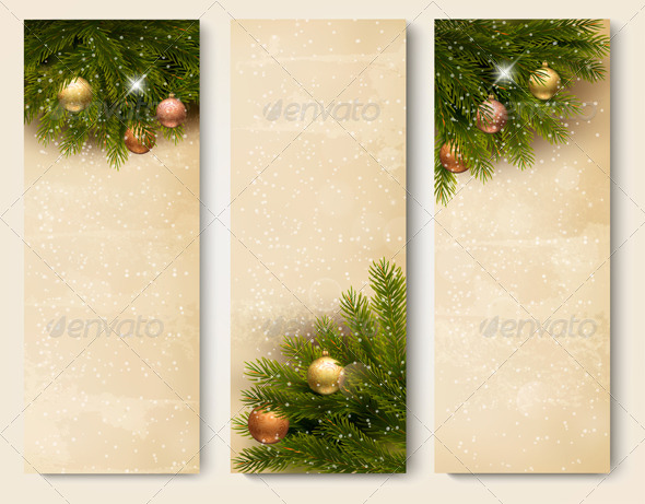Three Retro Holiday Banners with Christmas Tree - Christmas Seasons/Holidays