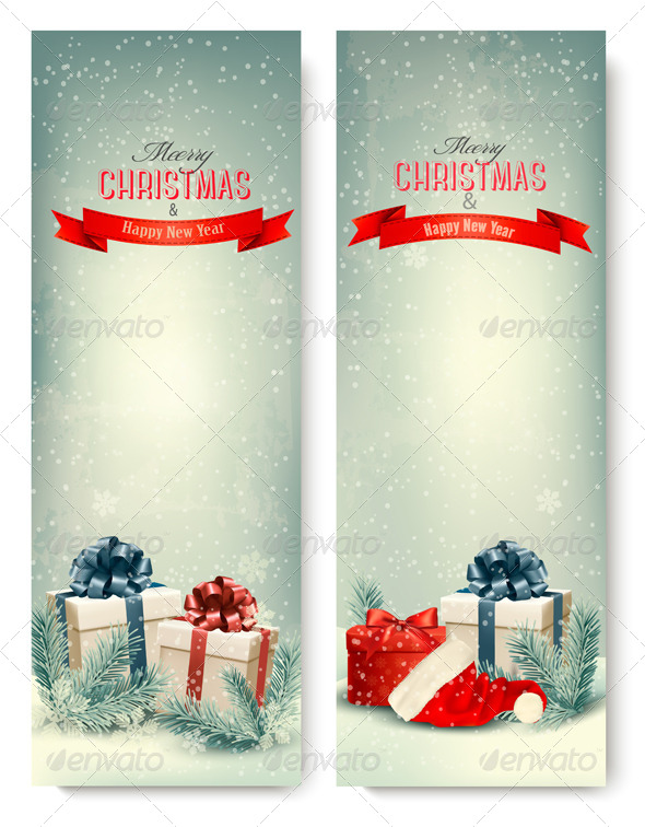 Two Retro Holiday Banners with Gift Boxes - Christmas Seasons/Holidays