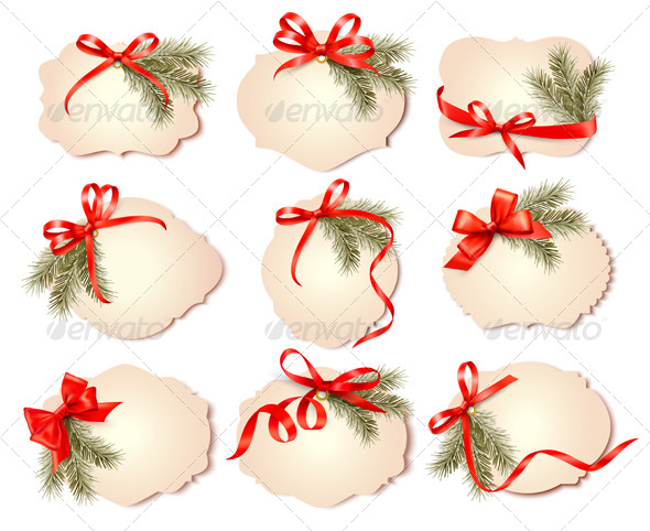 Set of Christmas Gift Cards with Red Gift Bows - Christmas Seasons/Holidays
