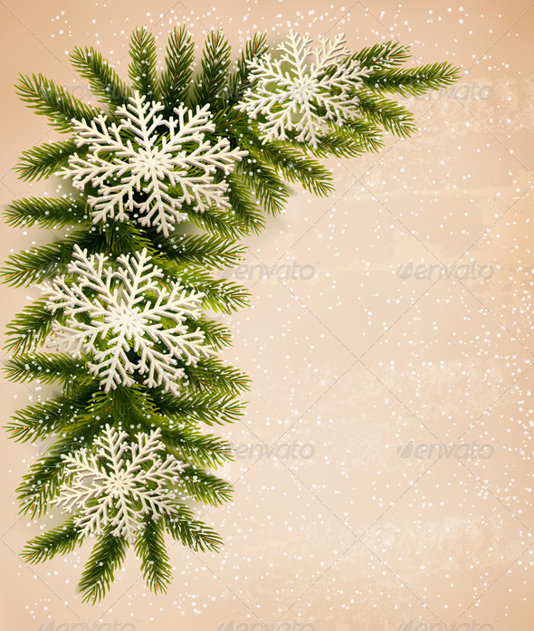 Christmas Retro Background with Tree Branches - Christmas Seasons/Holidays