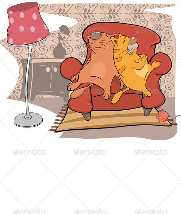Cats Friends Sleep on a Sofa Cartoon - Animals Characters