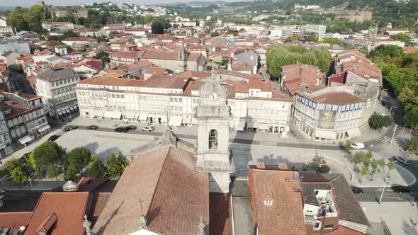 Flying towards Sao Pedro Church on Toural Square, Guimaraes - Portugal