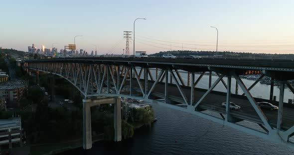 Traffic Crossing Large Multi Level Bridge Downtown Seattle Washington Usa Cinematic Aerial View alt