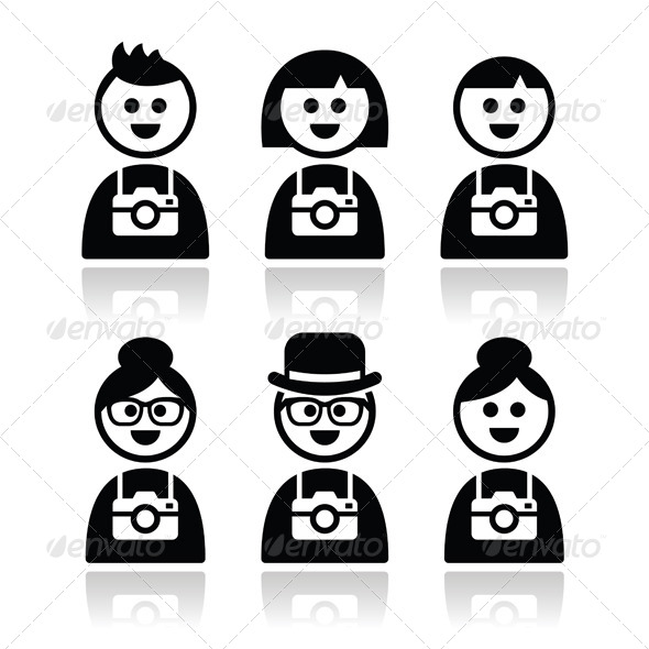 Tourist, Travelling People with Cameras Icons Set - People Characters