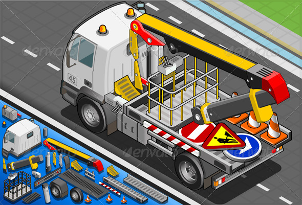 Isometric Platform Lift Truck in Rear View - Objects Vectors