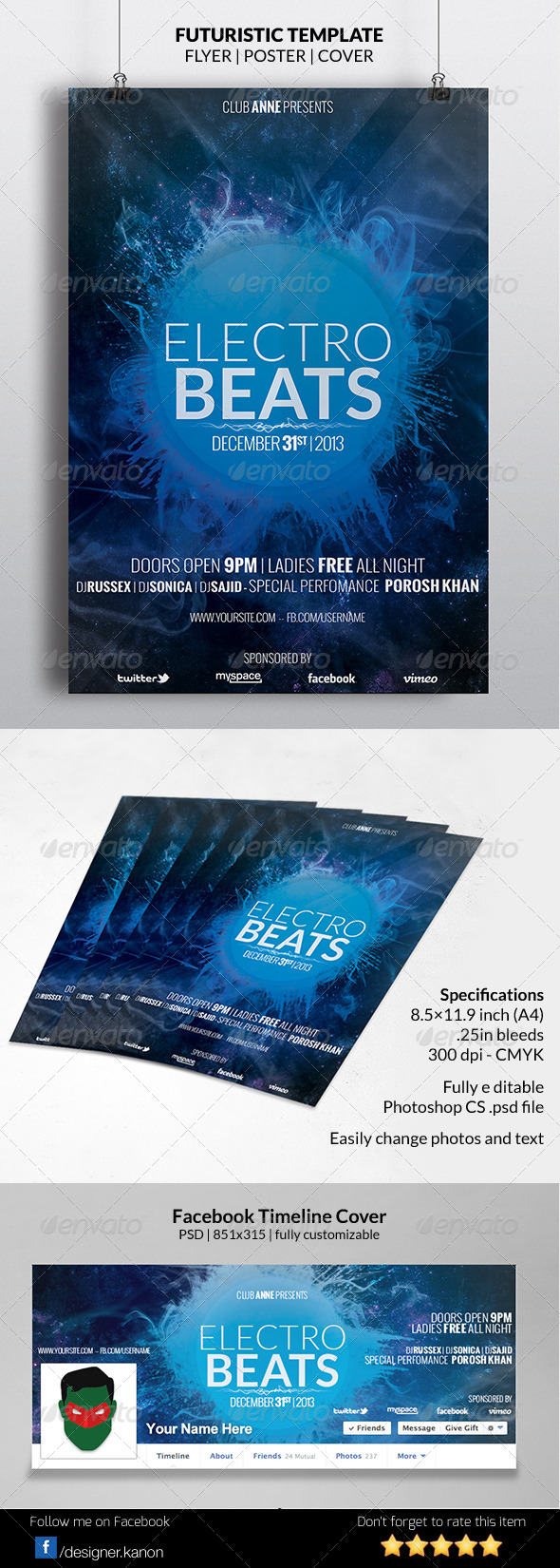 Blue Futuristic Flyer + Facebook Timeline - Clubs & Parties Events