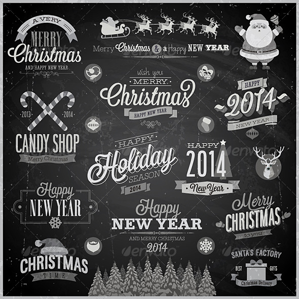 Christmas Set of Labels and Emblems on Chalkboard - Christmas Seasons/Holidays
