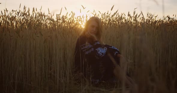 Attractive young romantic woman sits in a wheat ears in sunset rays alt