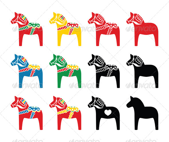 Swedish Dala Horse Vector Icons Set - Travel Conceptual