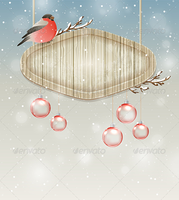 Bullfinch, Decorations and Wooden Banner - Christmas Seasons/Holidays