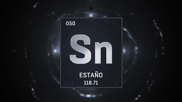 Tin as Element 50 of the Periodic Table on Silver Background in Spanish Language