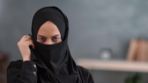 Portrait Arabic Woman Hidden Face Under Niqab Posing at Muslim Headscarf alt
