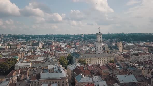 Aerial Drone Footage of European City Lviv, Ukraine. Flight Above Popular Ancient Part of Old Town alt