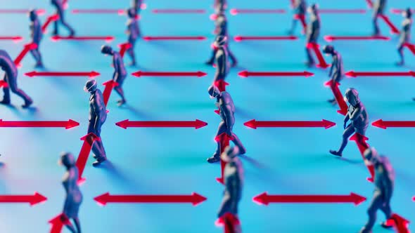 Social distancing. Arrows between men show a safe distance. COVID protection. alt